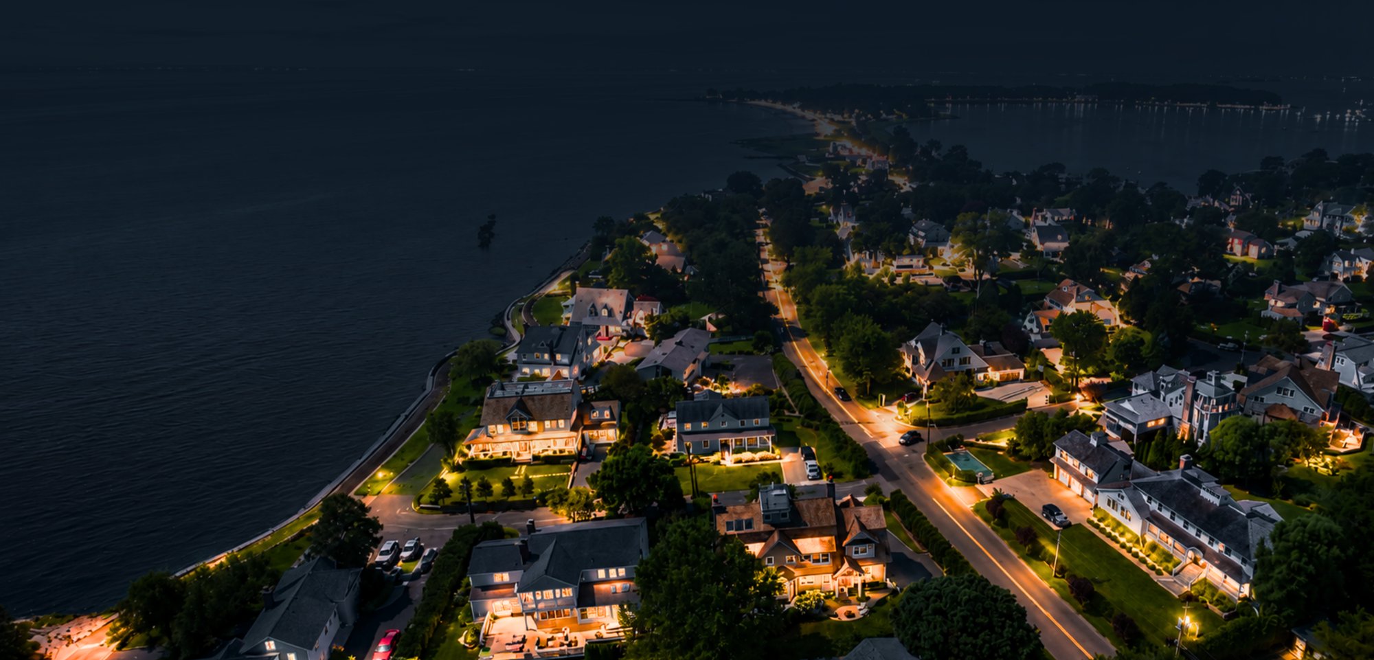 Aerial view of Greenwich, Connecticut at night